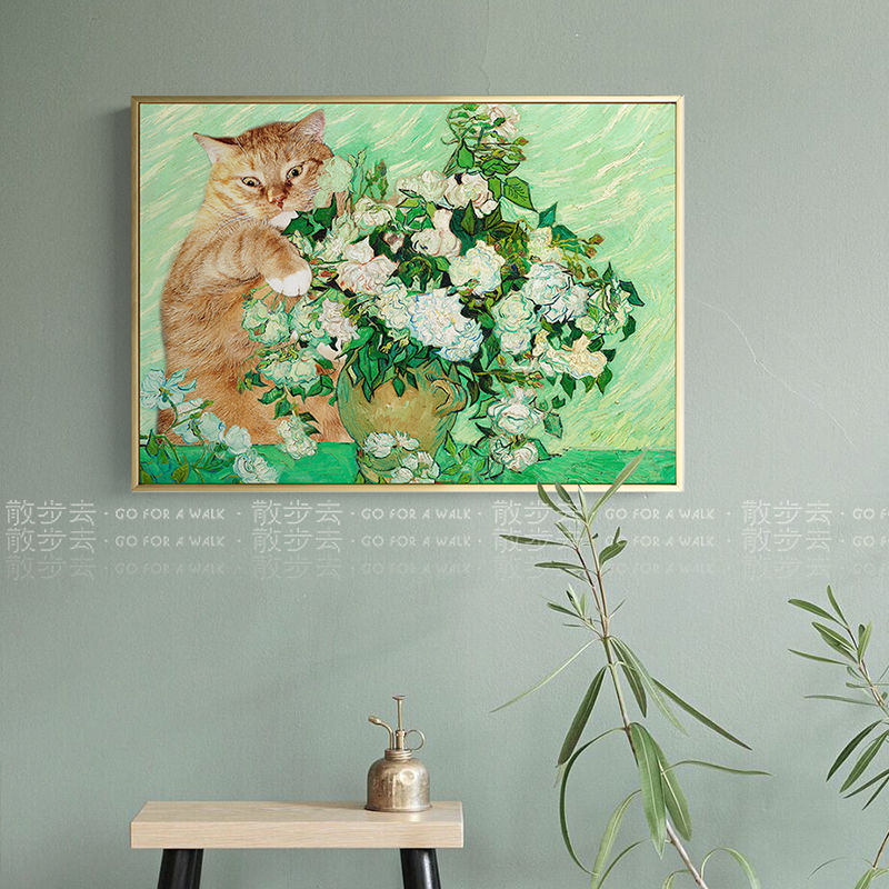 梵高橘猫艺术家设计绿植花卉北欧客餐厅卧室书房可爱挂走廊装饰画图片
