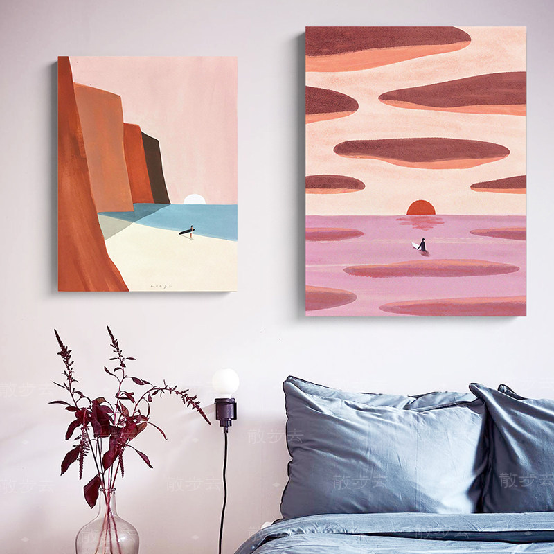 散步去网红家居博主推荐海边日出粉色系风景抽象卧室客餐厅装饰画