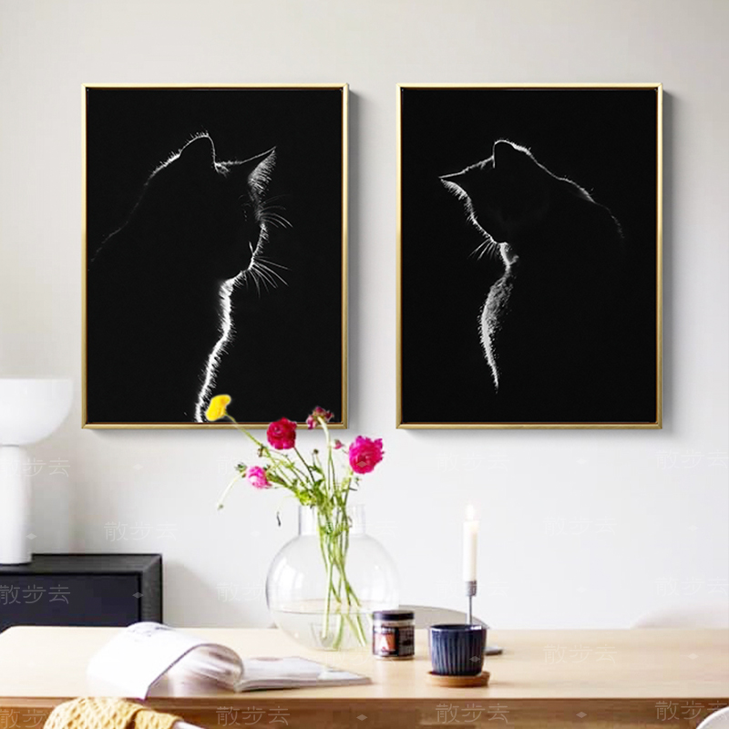 散步去黑白摄影猫咪酷炫工作室时尚现代家餐客厅沙发墙装饰画礼物图片