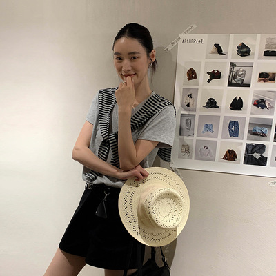 MOXI十三行女装2026年春季新款韩版休闲短款绣花短袖T恤女带披肩