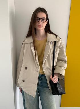 MOXI十三行女装2025冬季新款翻领棉服中长款双排扣羽绒服西装外套