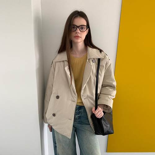 MOXI十三行女装2025冬季新款翻领棉服中长款双排扣羽绒服西装外套