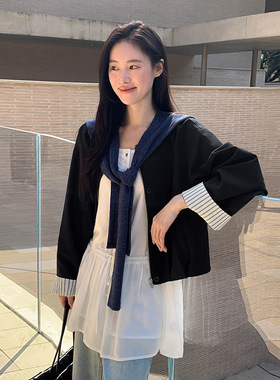 MOXI十三行女装2026年春季新款韩版休闲圆领外套披肩两件套上衣女