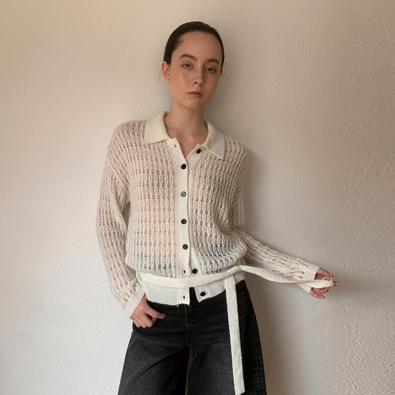 MOXI 十三行女装2025秋季新款韩版针织衫开衫女长袖镂空毛织上衣