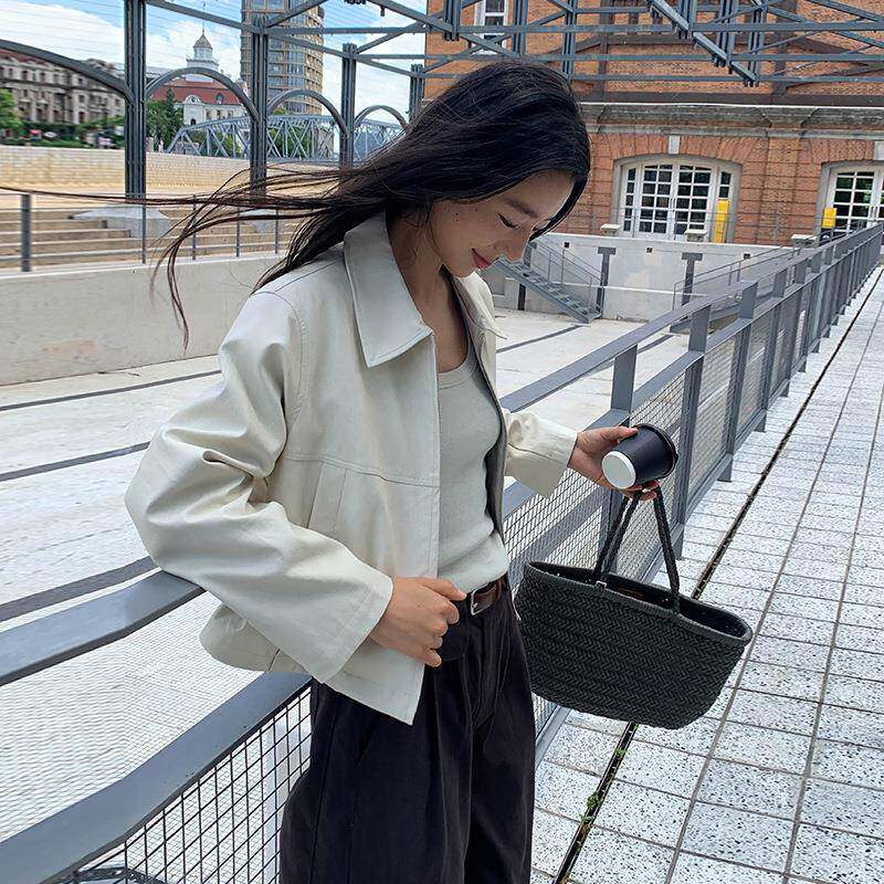 MOXI十三行女装2025年秋季新款韩版休闲翻领上衣pu女式皮夹克外套