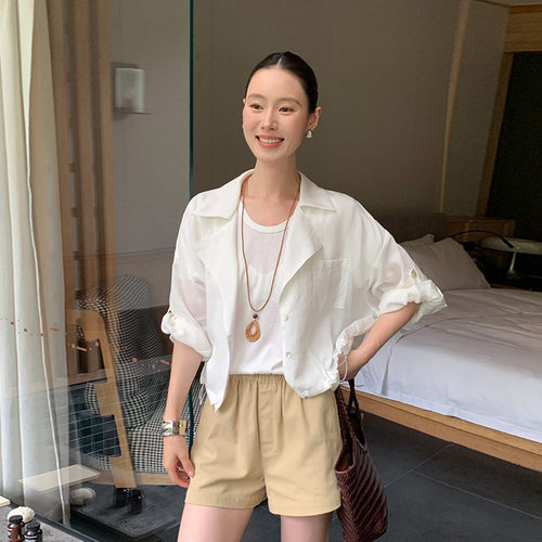 MOXI十三行女装2026短款收腰天丝麻衬衫夏季白色薄款翻领女式衬衣