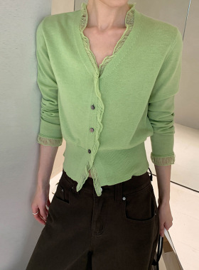 MOXI十三行女装2026年春季新款韩系流苏花边V领长袖针织衫上衣女