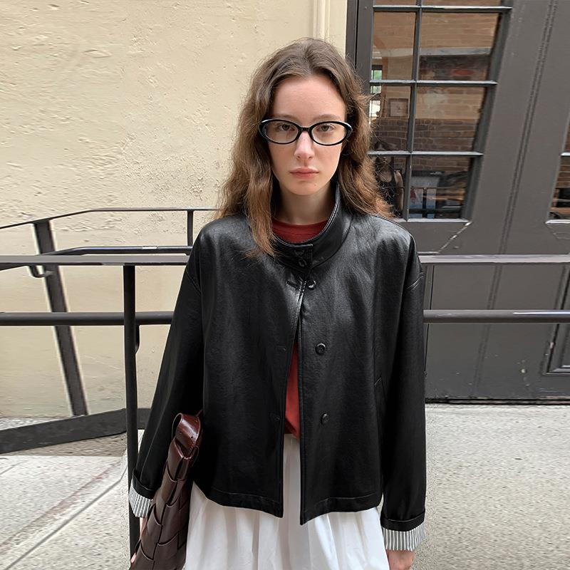 HYMOXI十三行女装2025年秋季新款韩系休闲立领皮衣外套上衣纯色女