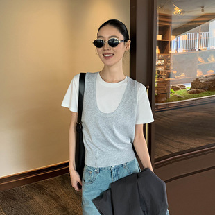 MOXI十三行女装2026年春季新款韩系假两件背心拼接短袖T恤上衣女