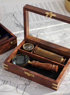 进口复古怀旧盒装望远镜指南针放大镜三件套书房软装影视道具摆件
