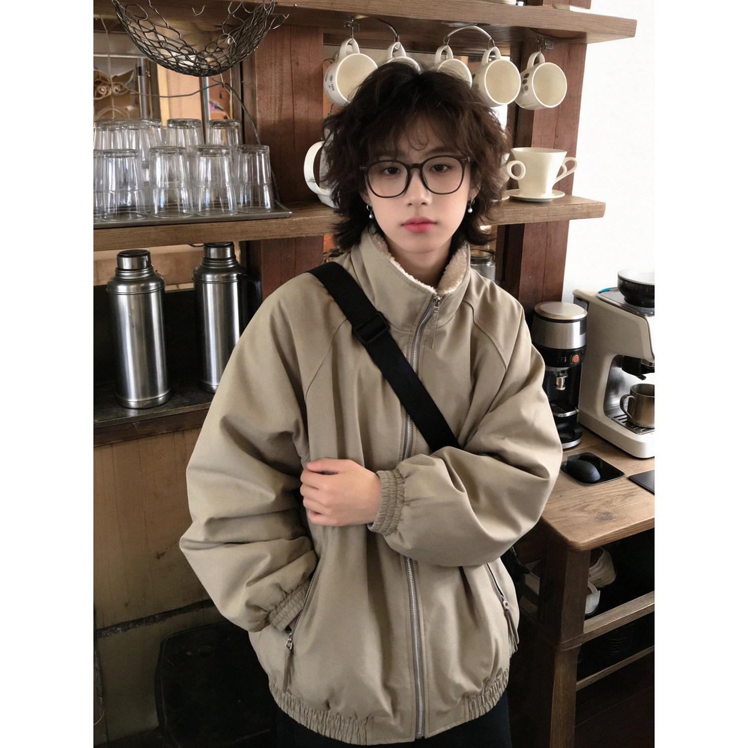 卡其色立领羊羔绒夹克男女冬季加厚保暖宽松加绒开衫休闲外套棉衣