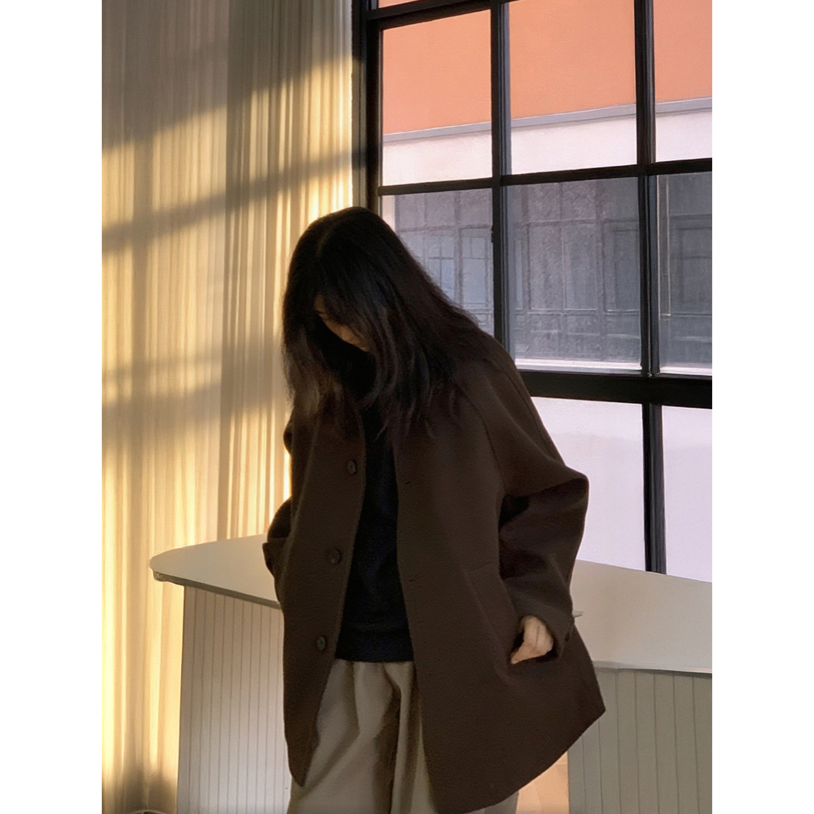 美拉德咖色毛呢大衣中长款