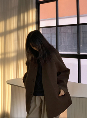 冬季新款美拉德咖色毛呢大衣美式慵懒风复古中长款呢子风衣外套潮