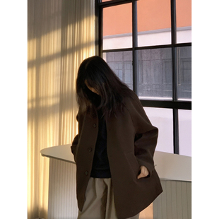 慵懒风复古中长款 美拉德咖色毛呢大衣美式 呢子风衣外套潮 新款 冬季