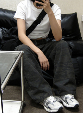 美式复古迷彩工装裤男女多口袋水洗做旧宽松阔腿裤街头休闲长裤子