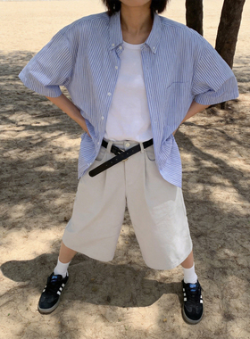 蓝色条纹短袖衬衫夏季男女宽松休闲清爽少年感通勤高级感半袖衬衣