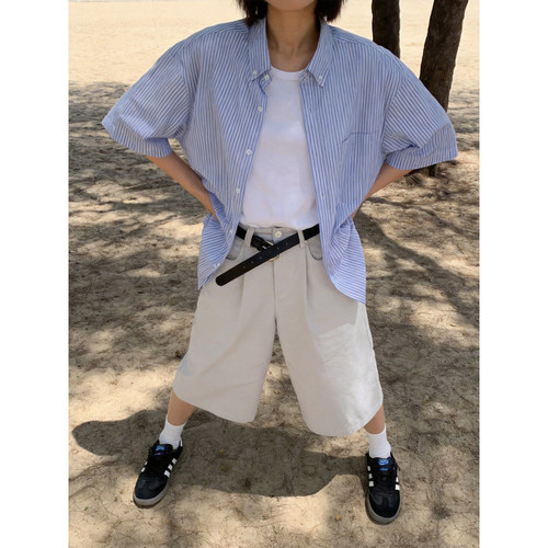夏季蓝条纹宽松短袖衬衫通勤