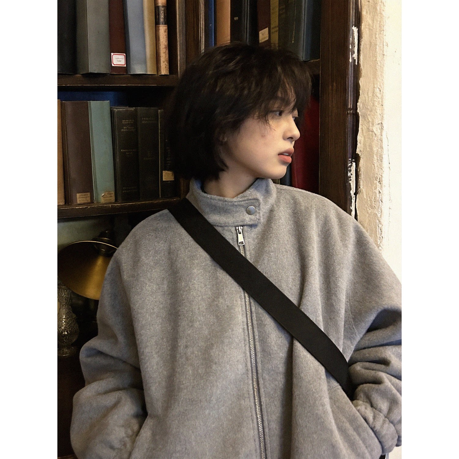 灰色立领毛呢夹克男女冬季宽松短款棉袄加厚外套日系简约休闲棉衣