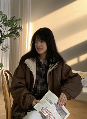 冬季日系复古中性美拉德咖色纯色棉衣百搭棉袄保暖外套加绒夹克潮