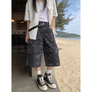 宽松六分裤 美式 子潮 五分多口袋阔腿裤 工装 复古迷彩七分裤 男女夏季
