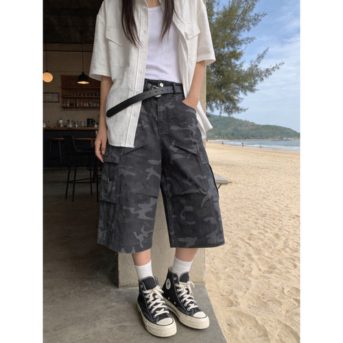 夏季美式复古迷彩多口袋阔腿裤