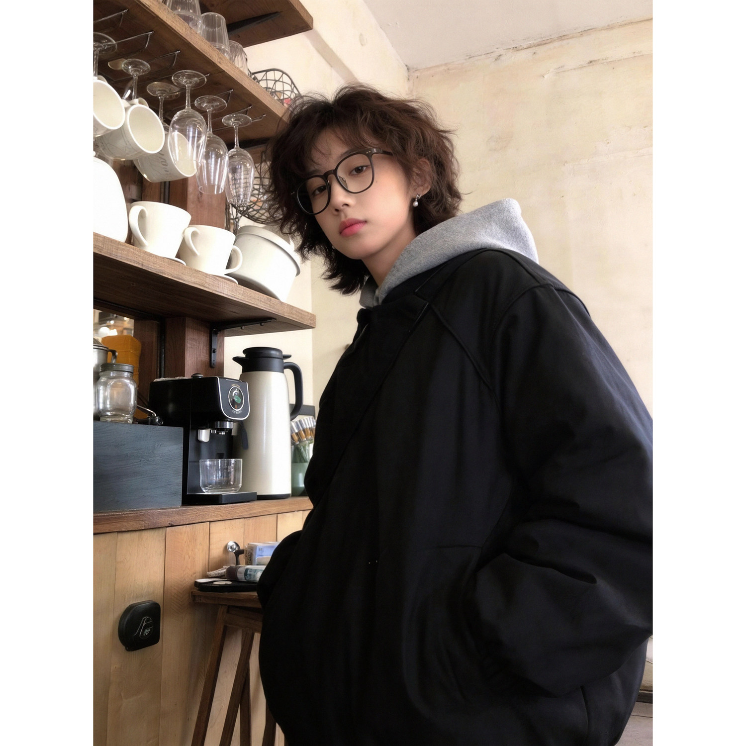 可拆卸毛呢连帽棒球领夹克男女黑色宽松短款外套一衣两穿加厚棉衣