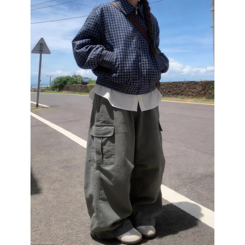 日系复古灰绿工装阔腿直筒长裤