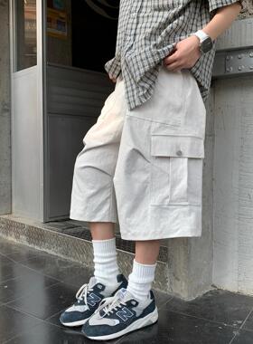 五分裤男白色夏季宽松工装休闲美式复古中裤痞帅七分百搭短裤子潮
