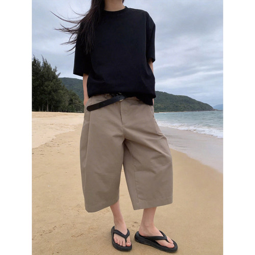 夏季极简卡其宽松阔腿七分裤