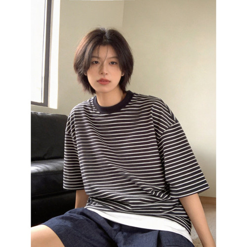 夏季条纹撞色宽松短袖T恤百搭