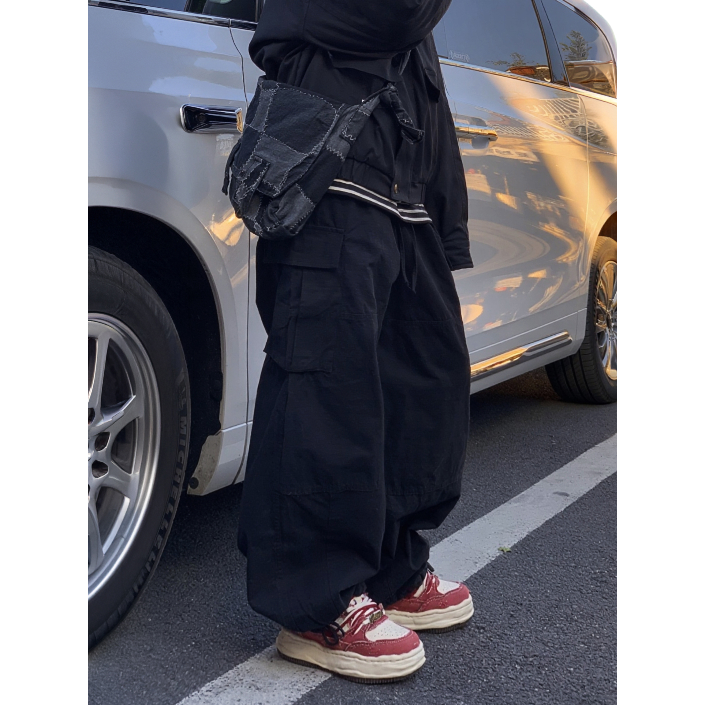 美式工装风黑色多口袋休闲裤男女机能直筒宽松束脚潮牌炸街长裤子