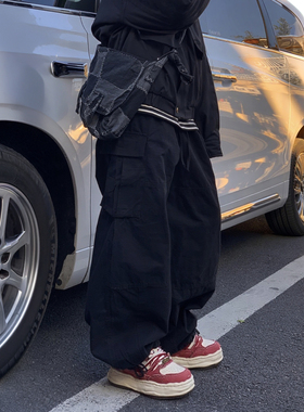 美式工装风黑色多口袋休闲裤男女机能直筒宽松束脚潮牌炸街长裤子