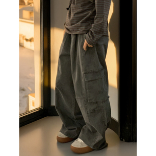 男女秋冬休闲宽松直筒阔腿拖地长裤 裤 子潮牌 复古水洗做旧工装 美式