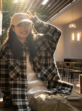 美式复古长袖格子衬衫日系潮牌男女宽松百搭街头黑白格纹衬衣外套