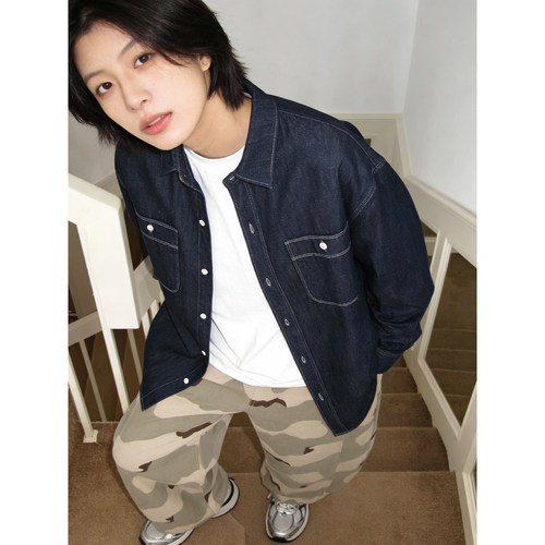 春季美式复古原色牛仔宽松衬衫