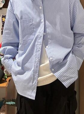 春季条纹长袖衬衫男女美系复古宽松休闲港风蓝色休闲小个子衬衣潮