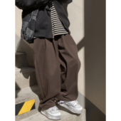 美拉德棕色毛呢裤 阔腿男女加厚宽松打褶垂感直筒cleanfit休闲长裤
