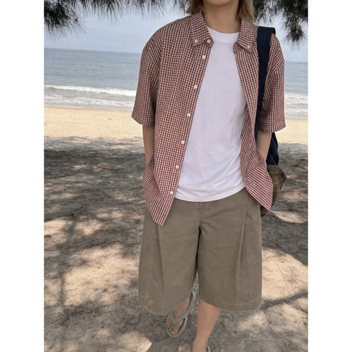 夏季复古港风格子宽松短袖衬衫