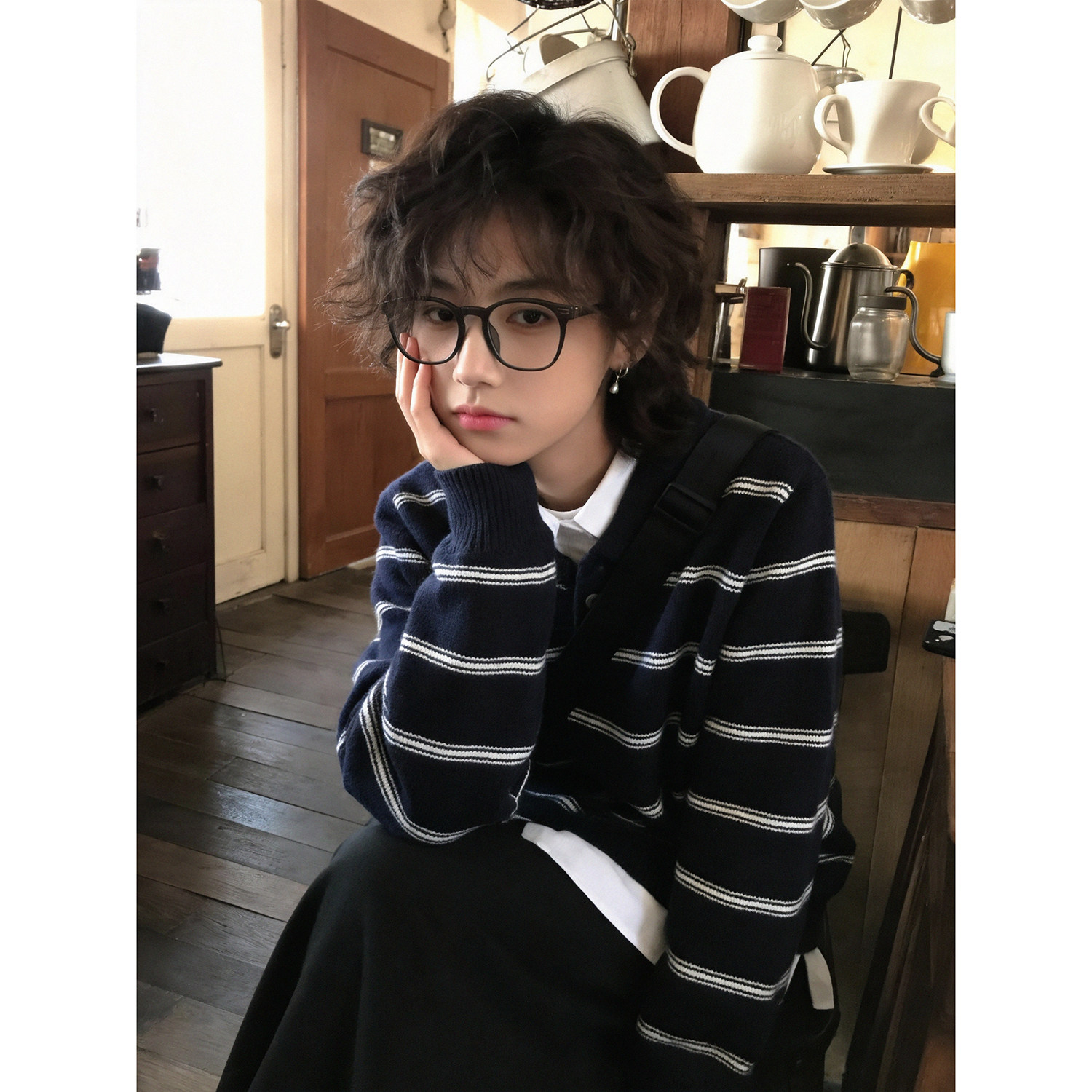 日系条纹Polo领毛衣男女藏青宽松翻领针织衫Cleanfit慵懒内搭上衣