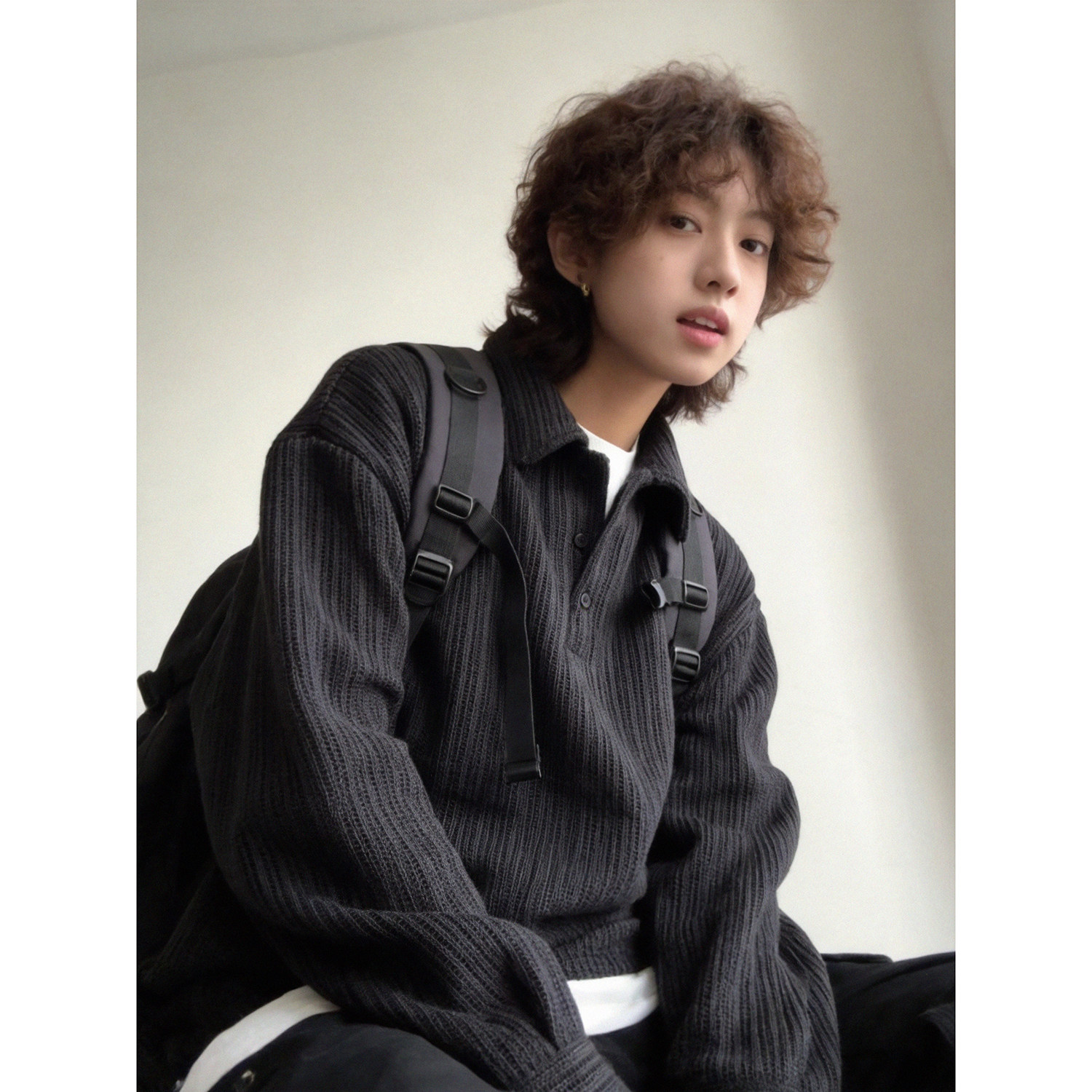 黑色老钱风POLO领长袖T恤秋季打底衫男女宽松毛衣内搭休闲上衣服