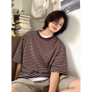 衣服 百搭宽松ins休闲圆领撞色学院风半袖 日系复古条纹短袖 T恤夏季