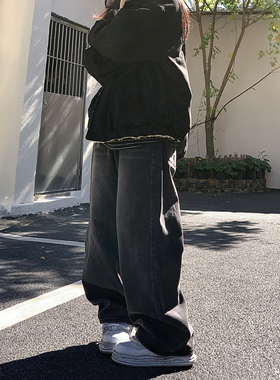 美式复古黑色牛仔裤秋冬宽松直筒阔腿休闲中性男女潮流松紧腰裤子