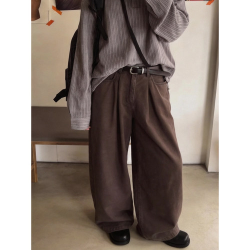 老钱风咖啡色中性宽松阔腿裤