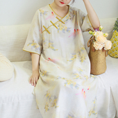 旗袍连衣裙大码 夏新品 新中式 撞色盘扣V领长裙