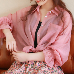 夏新品糖果色灯笼袖防晒衫大码长袖敲薄空调衫