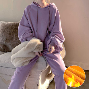 胖妹妹冬季加绒加厚休闲运动风连帽卫衣套装2025新款显瘦两件套