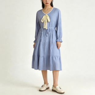 胖妹妹文艺复古蝴蝶结V领蛋糕裙大码女装蓝色长袖连衣裙收腰显瘦