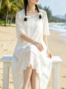 夏季大码度假蕾丝两件套连衣裙