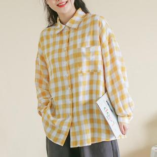 胖妹妹秋装学院风格纹长袖衬衫 大码复古宽