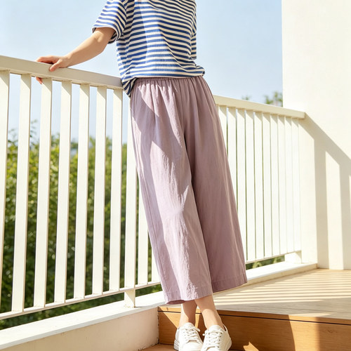 大码棉质九分阔腿裤夏透气显瘦